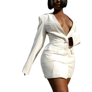 Women Mini Dress Solid V-neck One Button Stretchy A-line Dresses