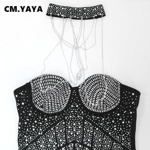 CM.YAYA Women Diamonds Hot Drill Black Hole Strapless with Tassel Scarf Bodycon Midi Dress Sexy Night Party Club Even Dresses