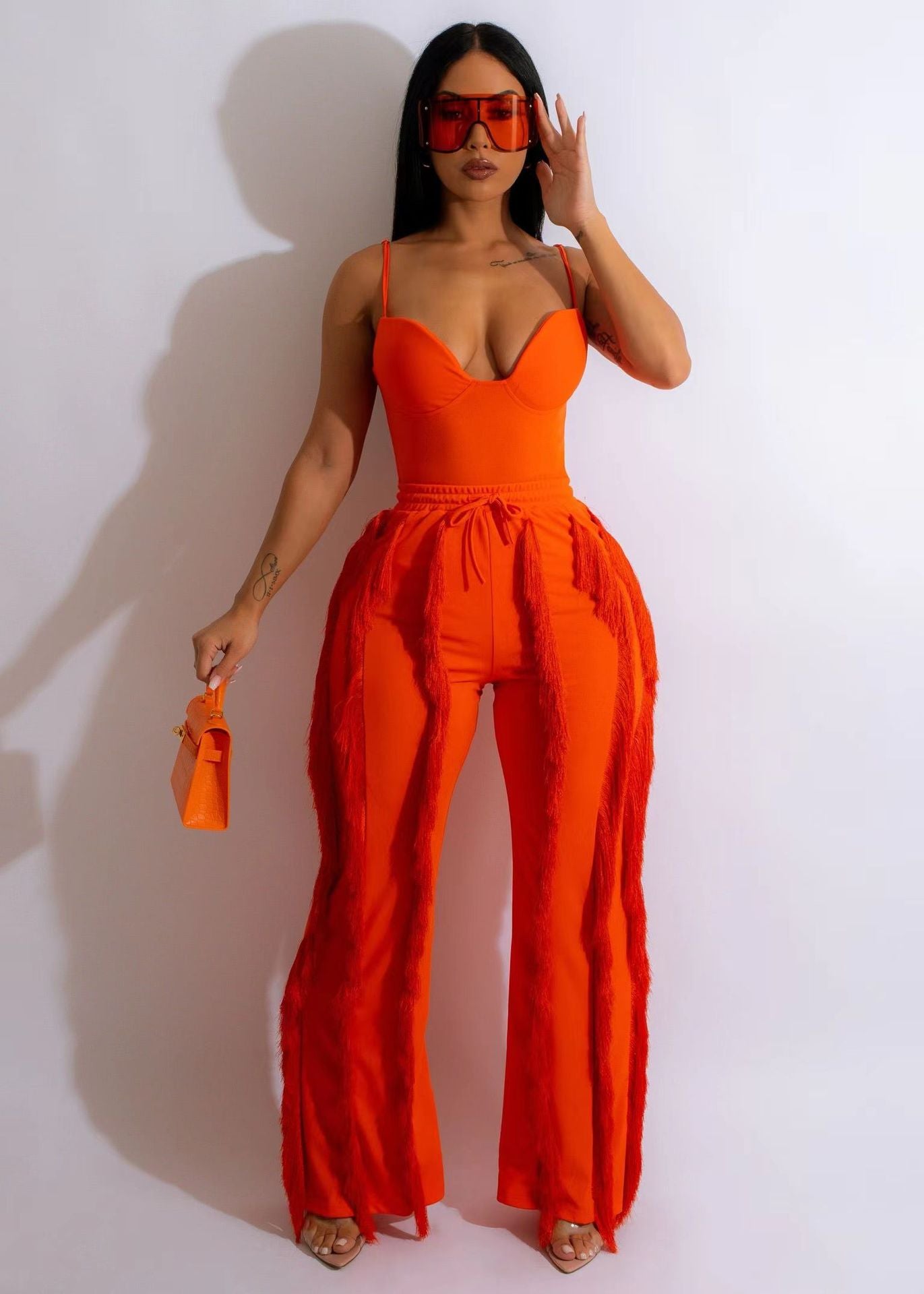 Set Strapless Plunging V-neck Top and Tassel Straight Pants Suit Two 2 Piece Set Outfits Tracksuit