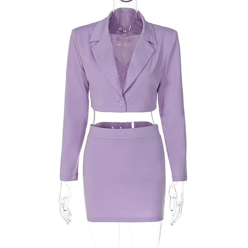 Office Blazer Set Crop Top Mini Skirt Suits 2 Pieces Matching Sets