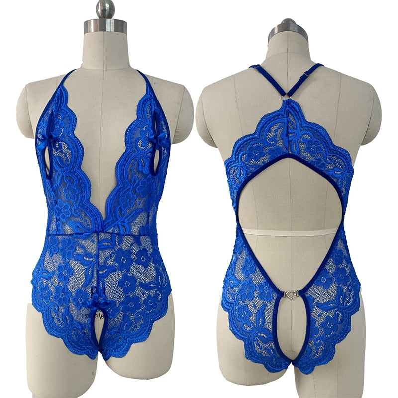 Sexy Crotchless Blue Lingerie Women Lace Hollow Bra Set