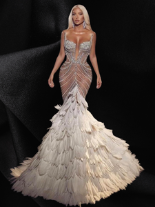 Sexy Mermaid With Feather Beads Rhinestones Long Gown