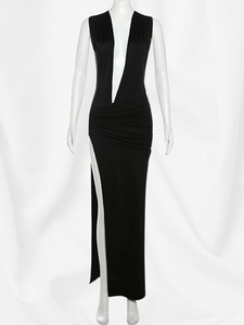 High Split Women Maxi Dress Deep V Neck Ruched Irregular Solid Elegant Bodycon