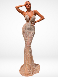 Women Summer Sexy V Neck Pearl Beading Beige Maxi Long Bodycon Gowns Dress