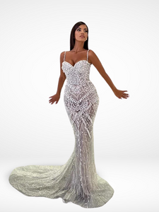 Illusion Mermaid Elegant Sequins Beaded Pearls Dress For Bride