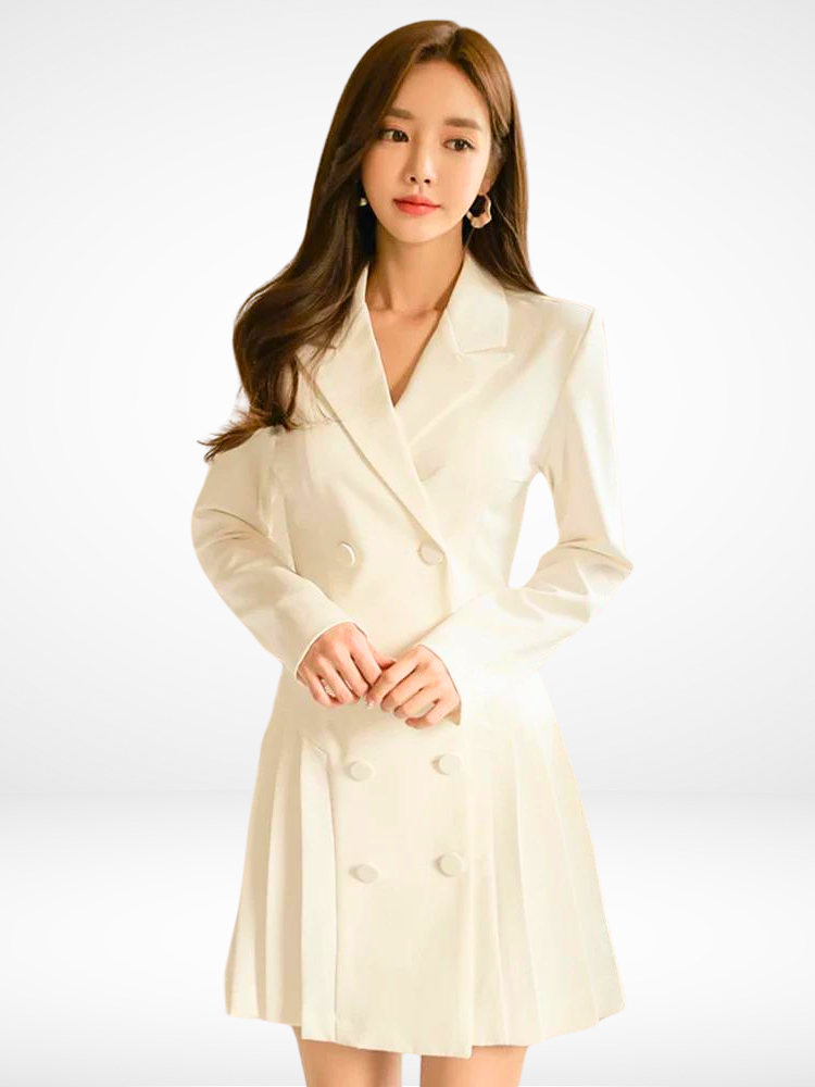 H Han Queen Autumn Elegant White Occupation Double-Breasted Pleated Dress Women Office Dresses Simple Slim Party Casual Vestidos