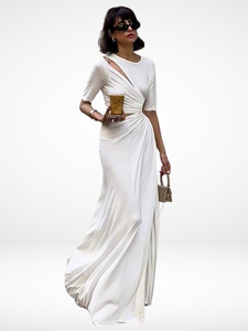 Women O-neck High Waist Pleated Cut Out Maxi Dresses Elegant Short Sleeve White Long Vestido Lady 2023 Fashion Party Streetwear