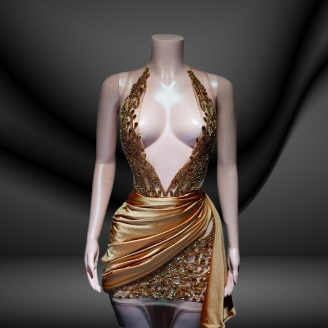 Vestidos De Gala Cortos Gold Rhinestone Prom Dress