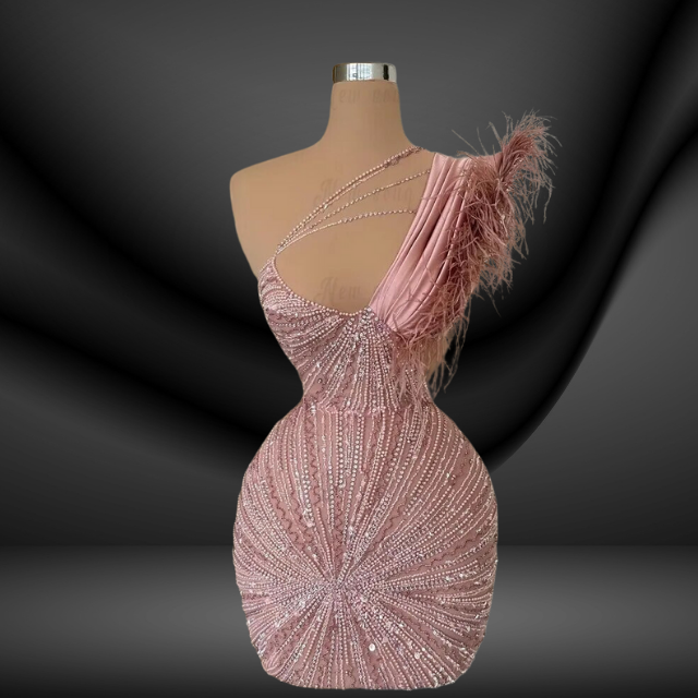 High Quality BLush Pink Feather Strap Mini Prom Cocktail Dress