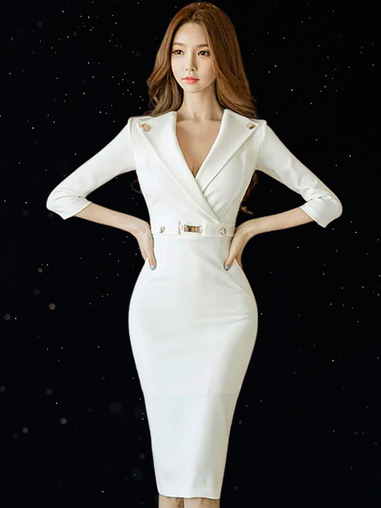 H Han Queen Hot sale Autumn Women V-neck Fashion Slim Bag hip Pencil Dress White Business Party Office Sheath Bodycon Dresses