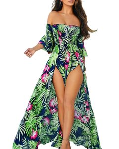 Sexy Off Shoulder High Slit Print Maxi Dress for Women