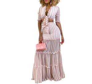 Women Sexy Tied Front Striped Crop Top and Ruffle Maxi Skirt Two-piece Set