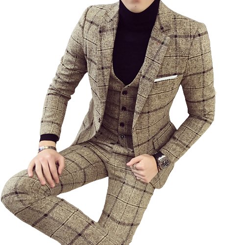 Men plaid Blazers slim fit pure cotton three-piece suit
