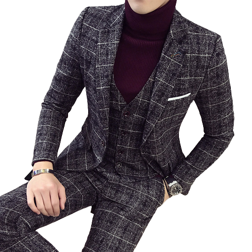 Men plaid Blazers slim fit pure cotton three-piece suit