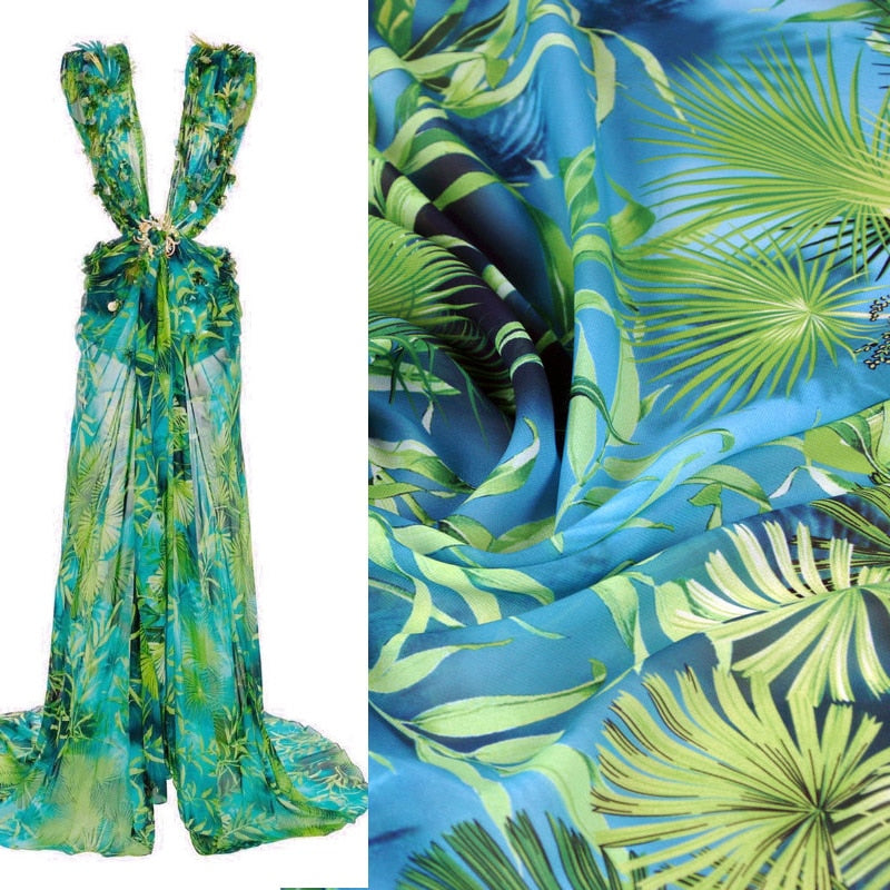 Green jungle Leaves Printed for Woman Summer Long Dress
