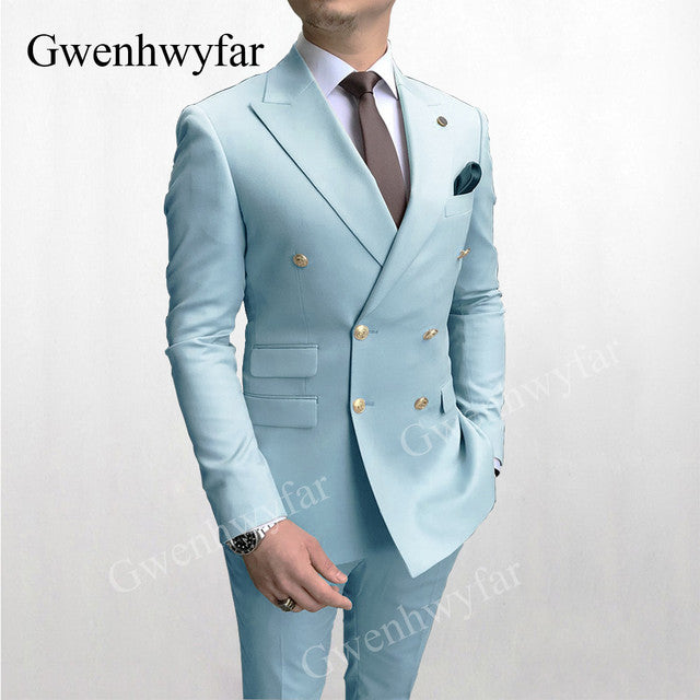Sky Blue Men Suits Double Breasted Tuxedo