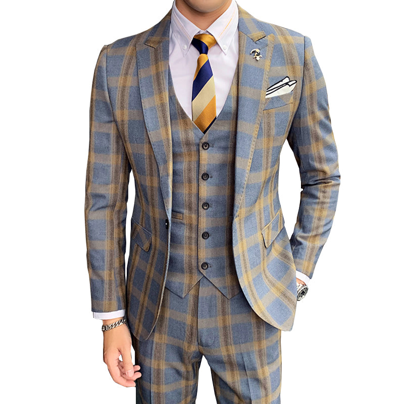 Autumn Khaki Gray Plaid Suit Sets Classic for Men